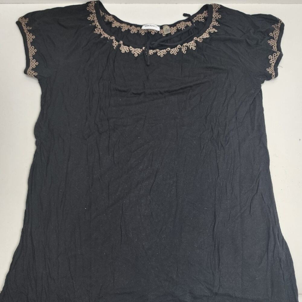 DKNYC Black Brown Embroidered Neck Arm Trim Flowy Feminine Top Women's Size M